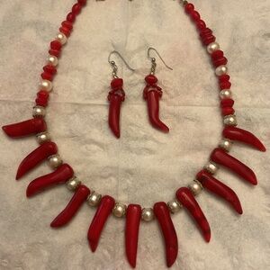 Red Genuine Coral white pearl beads Necklace Earrings set
